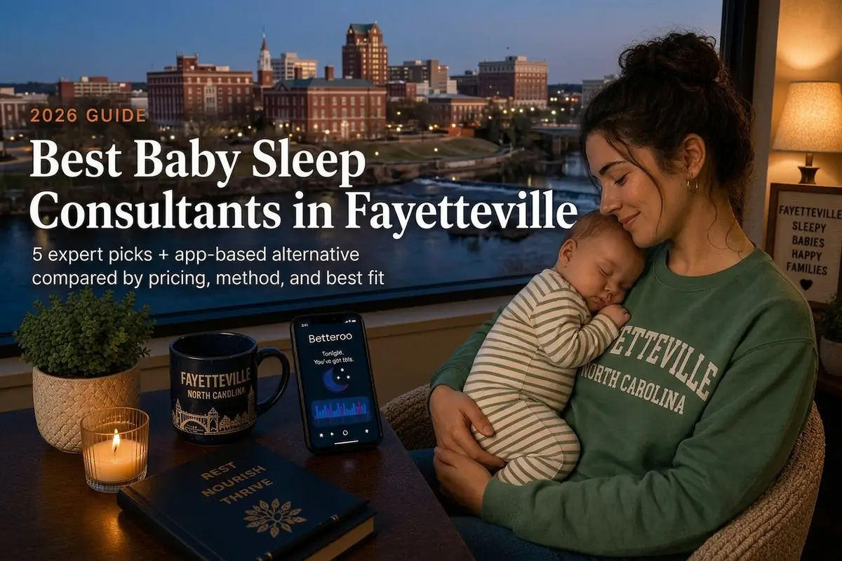 A tired mother cradles her sleeping baby by a window overlooking the downtown skyline and Cape Fear River at dusk, representing baby sleep consultants in Fayetteville.