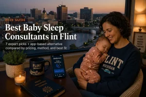 Tired Flint Michigan mother holding her sleeping baby by a window at dusk, researching the best baby sleep consultants in Flint