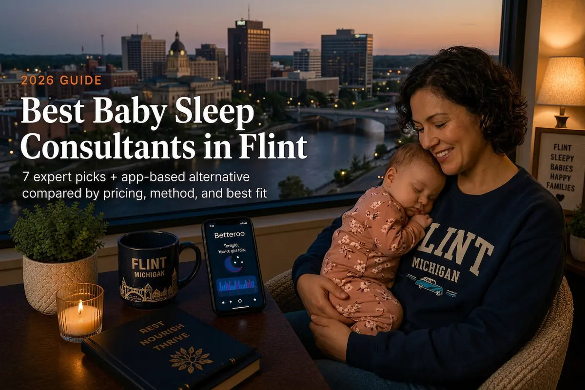 Tired Flint Michigan mother holding her sleeping baby by a window at dusk, researching the best baby sleep consultants in Flint