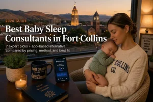 Fort Collins parent holding a sleeping baby by a window at dusk, our guide to baby sleep consultants in Fort Collins.