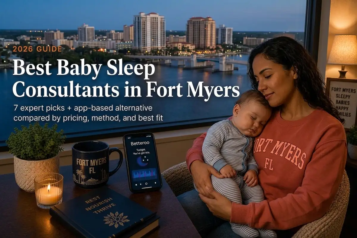 A mother cradling her sleeping baby by a window over the Fort Myers skyline at dusk, best baby sleep consultants in Fort Myers