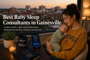 Gainesville parent holding a sleeping baby by a window at dusk, our guide to baby sleep consultants in Gainesville.