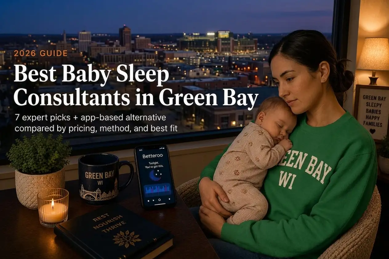 Green Bay parent holding a sleeping baby by a window at dusk, our guide to baby sleep consultants in Green Bay.