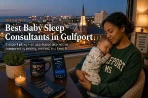 Mother holding a sleeping baby by a window over Gulfport's coastal evening skyline, baby sleep consultants in Gulfport.