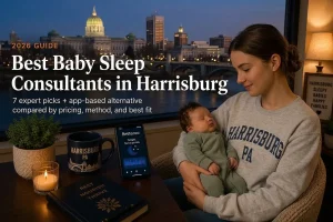 Mother holding a sleeping baby by a window at dusk, guide to the best baby sleep consultants in Harrisburg, Pennsylvania