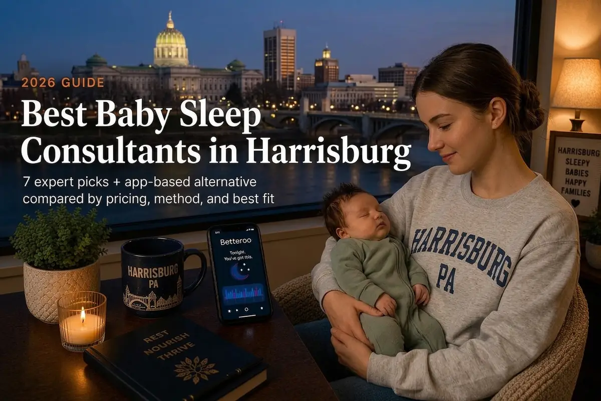 Mother holding a sleeping baby by a window at dusk, guide to the best baby sleep consultants in Harrisburg, Pennsylvania