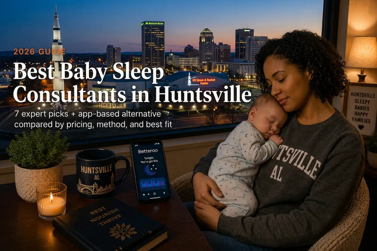 A Huntsville mother holds her sleeping baby by a window at dusk, illustrating baby sleep consultants in Huntsville.