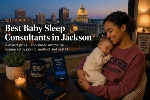 A tired mother cradles her sleeping baby by a window overlooking the Mississippi State Capitol dome at dusk, representing baby sleep consultants in Jackson.
