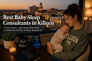 A Killeen mother holds her sleeping baby by a window at dusk, illustrating baby sleep consultants in Killeen.