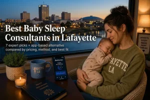Mother cuddles a sleeping baby by a window with a city view; headline reads 'Best Baby Sleep Consultants in Lafayette' on the image.