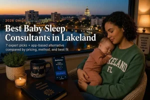 Mother holding a sleeping baby by a window at dusk, guide to the best baby sleep consultants in Lakeland, Florida