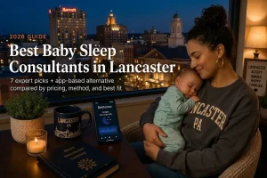 Mother holding a sleeping baby by a window at dusk, guide to the best baby sleep consultants in Lancaster, Pennsylvania
