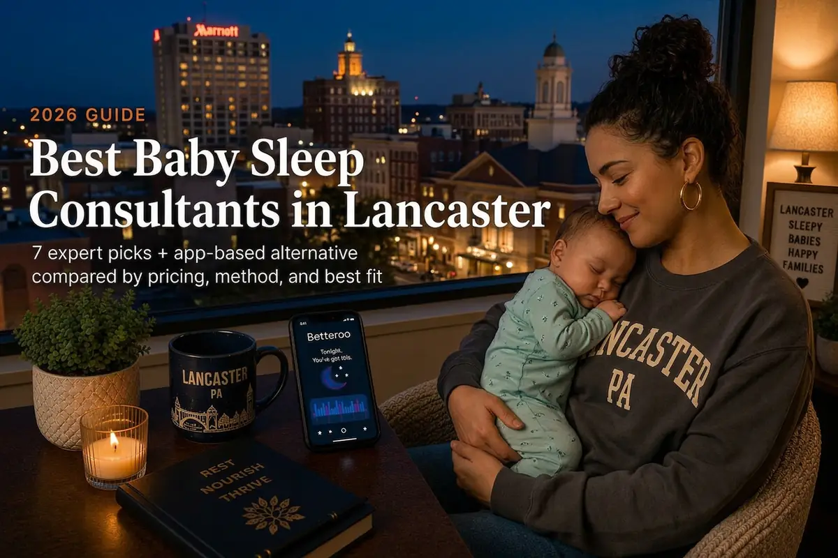 Mother holding a sleeping baby by a window at dusk, guide to the best baby sleep consultants in Lancaster, Pennsylvania