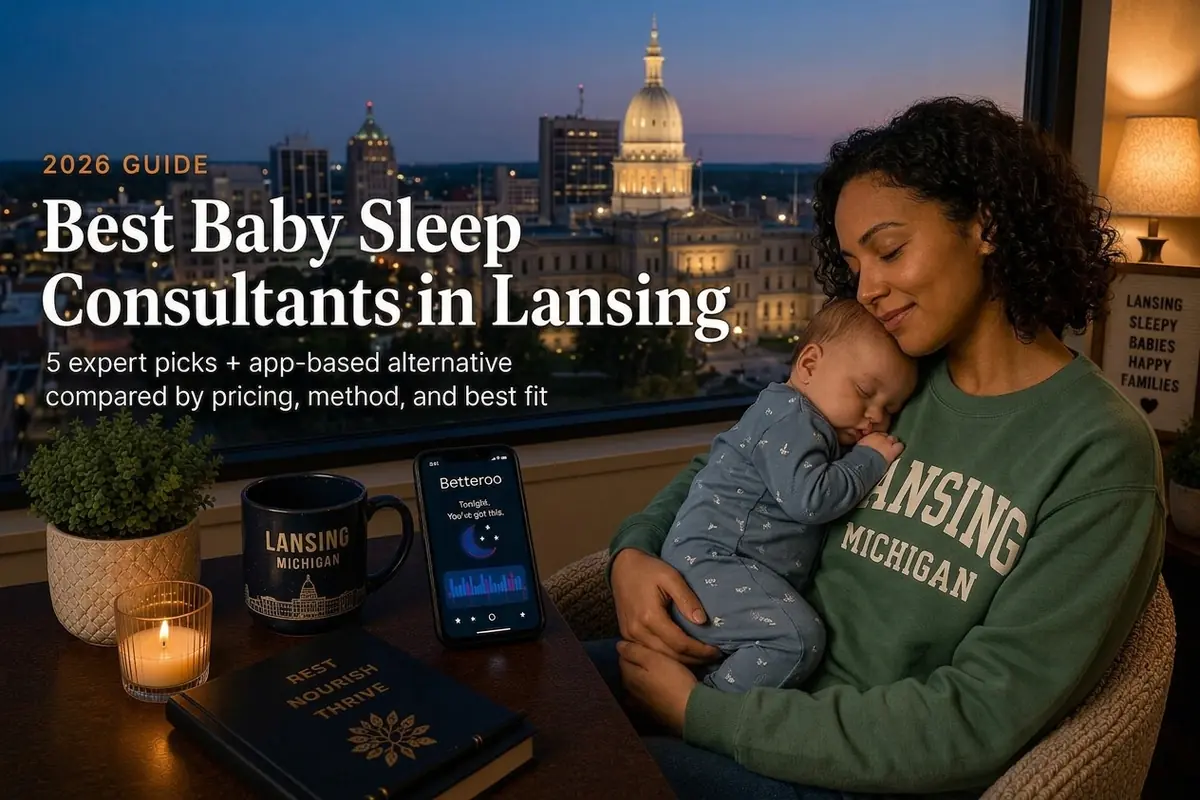 Bestbabysleepconsultantslansing | Betteroo A tired mother cradles her sleeping baby by a window overlooking the Michigan State Capitol dome at dusk, representing baby sleep consultants in Lansing.