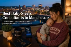 Tired Manchester New Hampshire mother holding her sleeping baby by a window at dusk, researching the best baby sleep consultants in Manchester
