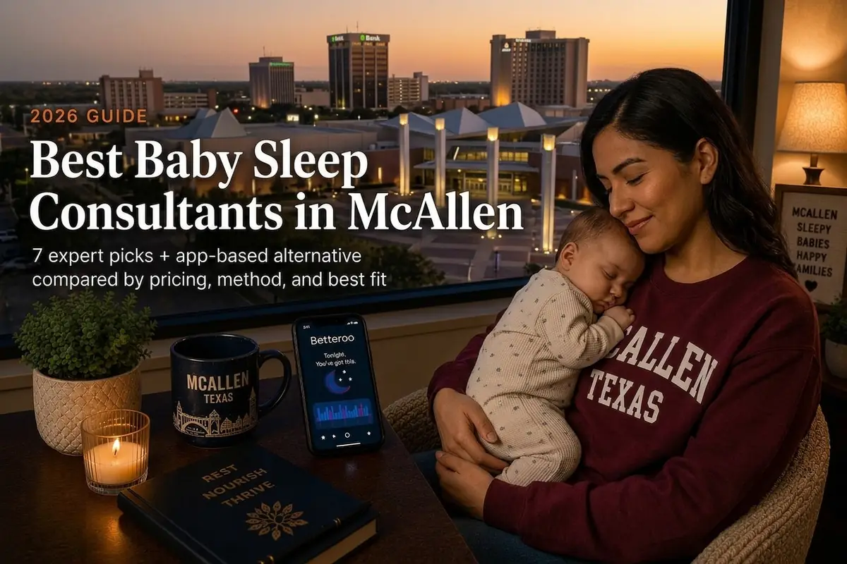Guide graphic for the best baby sleep consultants in McAllen, Texas with mother holding sleeping baby