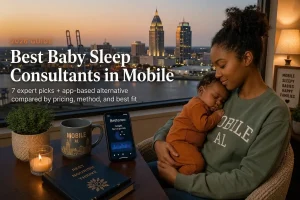 A Mobile mother holds her sleeping baby by a window at dusk, illustrating baby sleep consultants in Mobile.