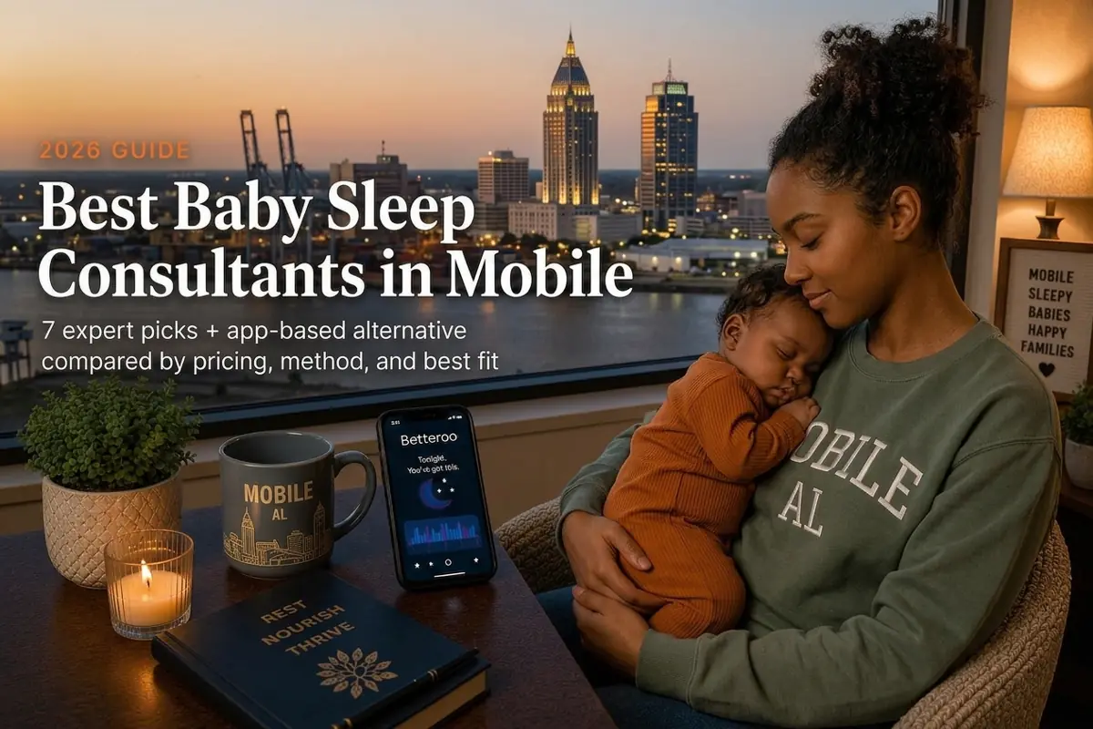 A Mobile mother holds her sleeping baby by a window at dusk, illustrating baby sleep consultants in Mobile.