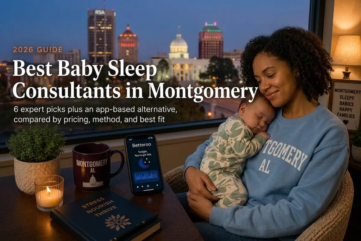 Best Baby Sleep Consultants in Montgomery 2026 Guide | Betteroo Mother holding a sleeping baby by a window over Montgomery's capitol evening skyline, baby sleep consultants in Montgomery.