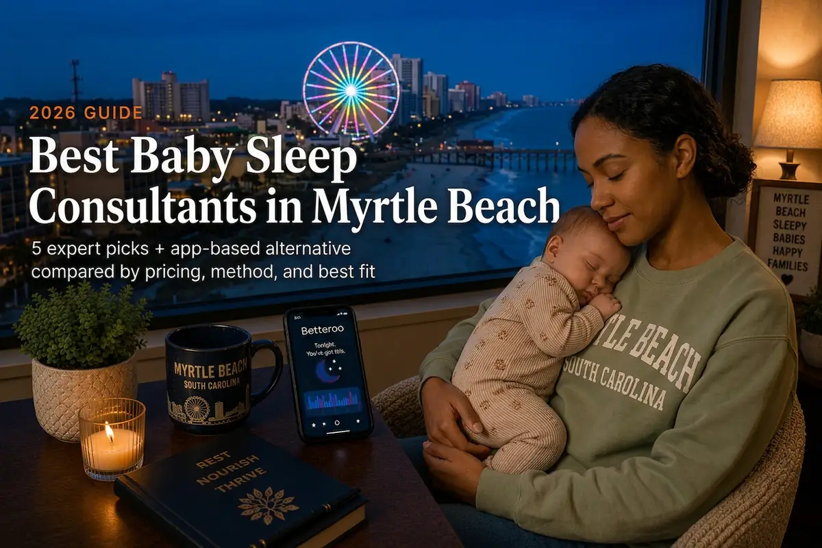 A tired mother cradles her sleeping baby by a window overlooking the oceanfront SkyWheel at dusk, representing baby sleep consultants in Myrtle Beach.