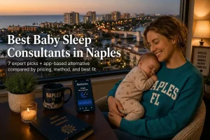 Mother holding a sleeping baby by a window over Naples's coastal evening skyline, baby sleep consultants in Naples.