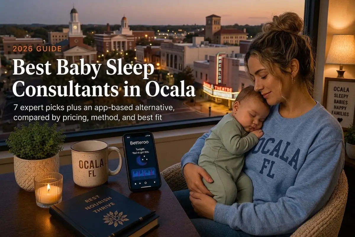 Mother holding a sleeping baby by a window over Ocala's downtown evening skyline, baby sleep consultants in Ocala.