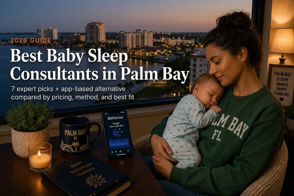 Mother holding a sleeping baby by a window at dusk, guide to the best baby sleep consultants in Palm Bay, Florida