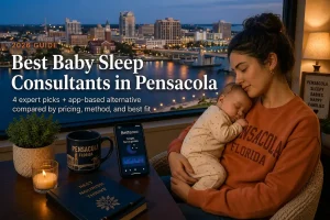 Bestbabysleepconsultantspensacola | Betteroo A tired mother cradles her sleeping baby by a window overlooking the Pensacola Bay waterfront at dusk, representing baby sleep consultants in Pensacola.