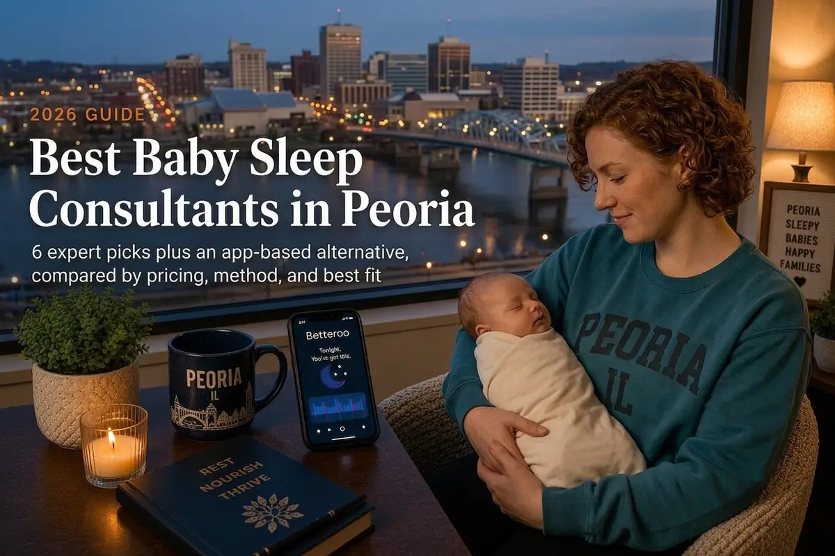 Mother holding a sleeping baby by a window over Peoria's riverfront evening skyline, baby sleep consultants in Peoria.