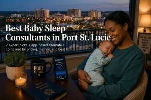 A Port St. Lucie mother holds her sleeping baby by a window at dusk, illustrating baby sleep consultants in Port St. Lucie.