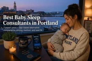 Tired Portland Maine mother holding her sleeping baby by a window at dusk, researching the best baby sleep consultants in Portland