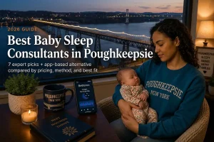 A tired mother cradles her sleeping baby by a window overlooking the Mid-Hudson Bridge over the Hudson River at dusk, representing baby sleep consultants in Poughkeepsie.