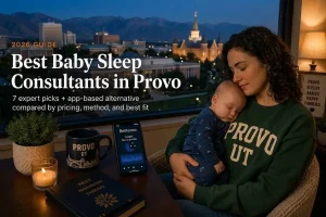 A mother cradling her sleeping baby by a window over the Provo skyline at dusk, best baby sleep consultants in Provo