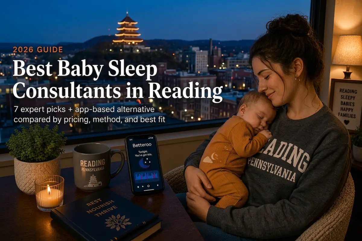 Tired Reading Pennsylvania mother holding her sleeping baby by a window at dusk, researching the best baby sleep consultants in Reading