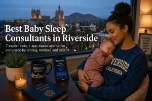 Mother holding a sleeping baby in Riverside, promoting the best baby sleep consultants in Riverside, California guide for 2026