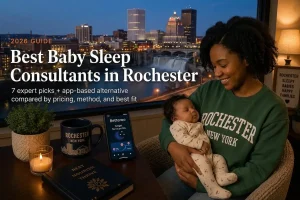 Bestbabysleepconsultantsrochesterspk2 | Betteroo Mother holding sleeping baby by a window overlooking the Rochester New York skyline, best baby sleep consultants in Rochester guide