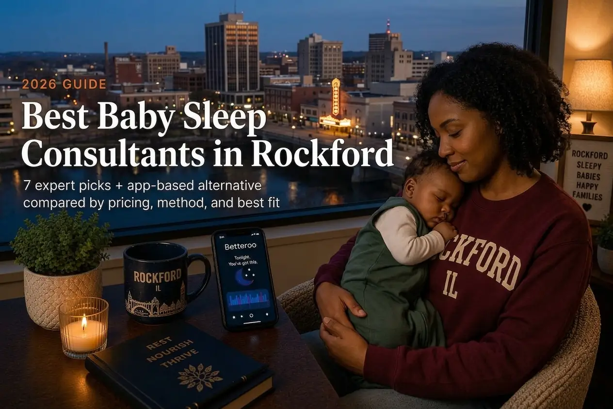 Rockford parent holding a sleeping baby by a window at dusk, our guide to baby sleep consultants in Rockford.