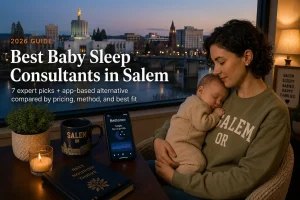A Salem mother holds her sleeping baby by a window at dusk, illustrating baby sleep consultants in Salem.