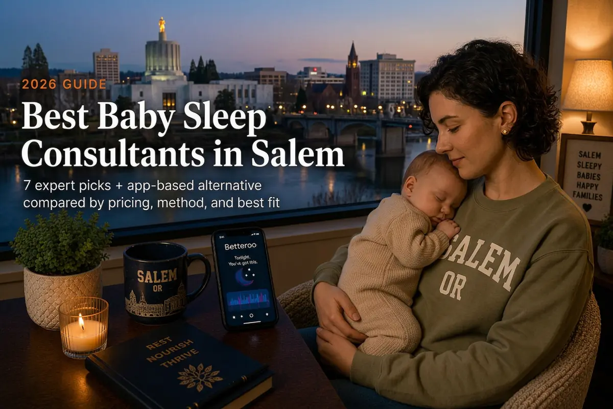 A Salem mother holds her sleeping baby by a window at dusk, illustrating baby sleep consultants in Salem.