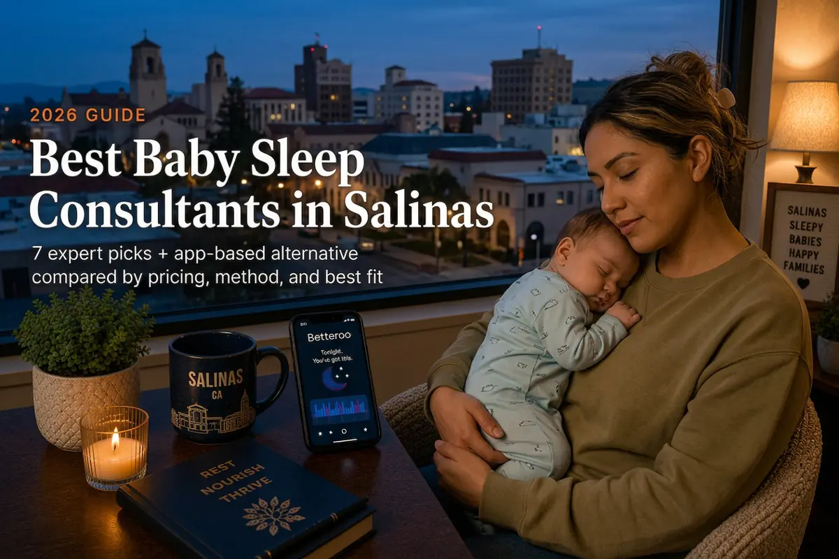 Mother cuddles a sleeping baby on her chest by a window with a city skyline; title reads 'Best Baby Sleep Consultants in Salinas'.