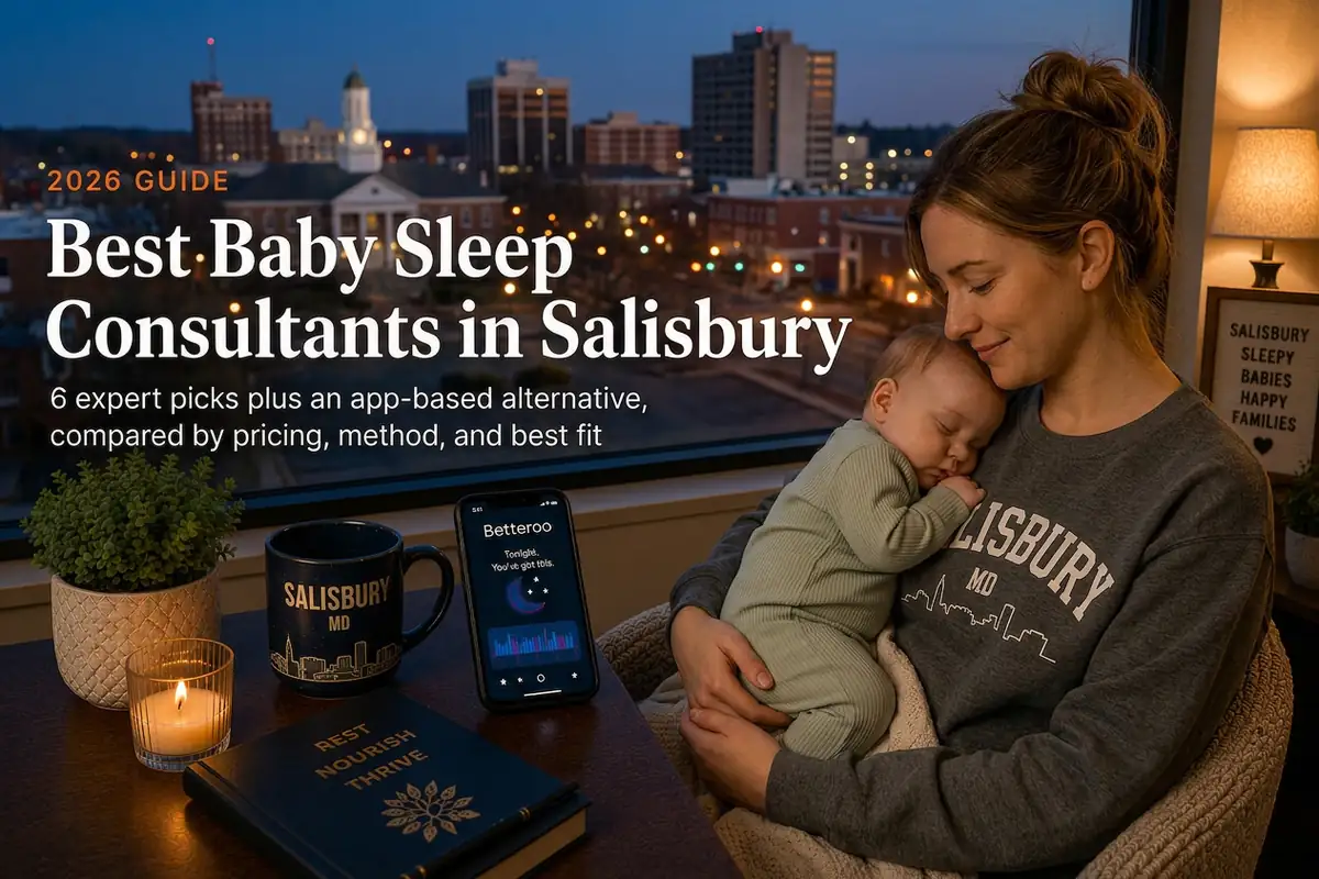 Mother holding a sleeping baby by a window over Salisbury's riverfront evening skyline, baby sleep consultants in Salisbury.