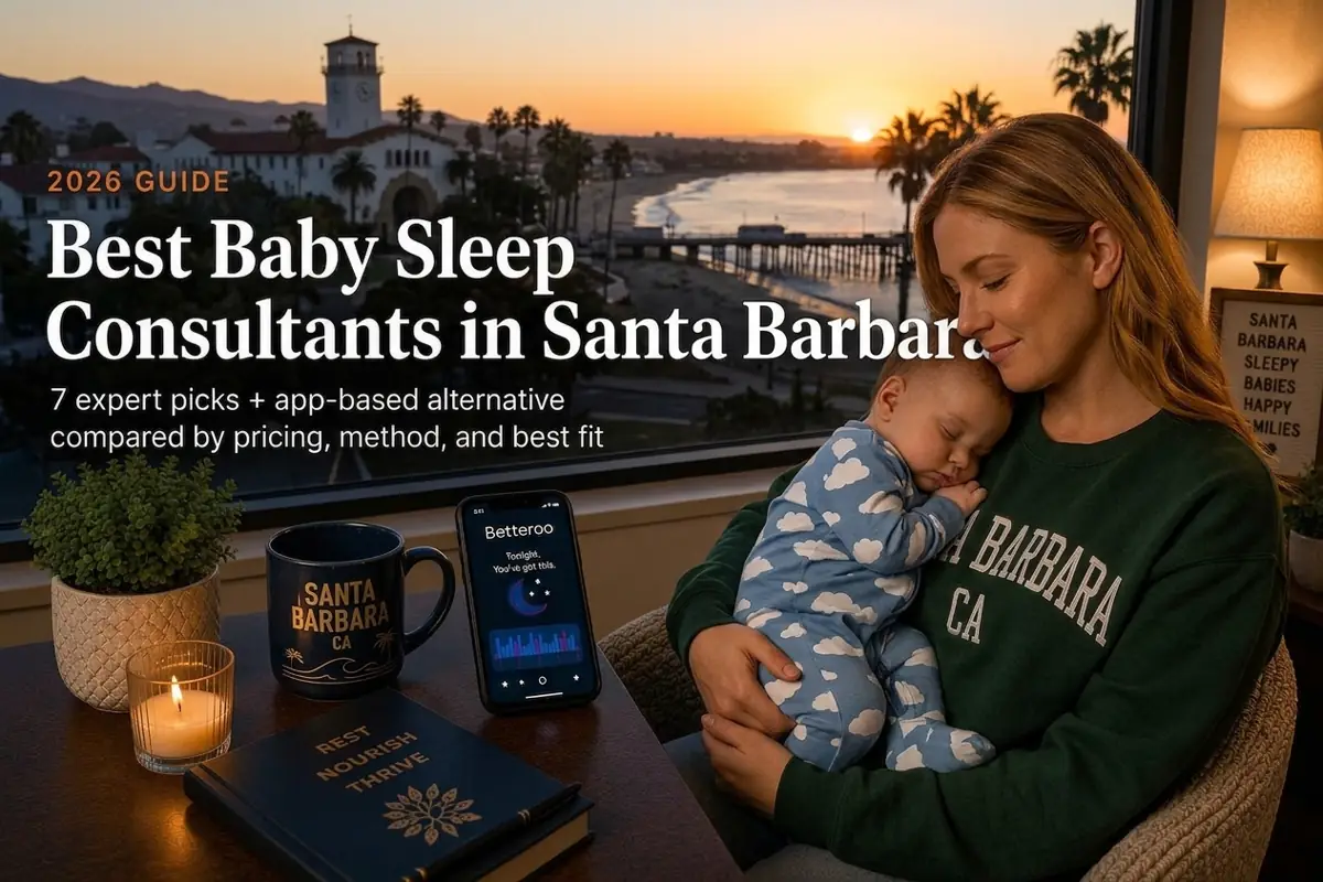 A Santa Barbara mother holds her sleeping baby by a window at dusk, illustrating baby sleep consultants in Santa Barbara.