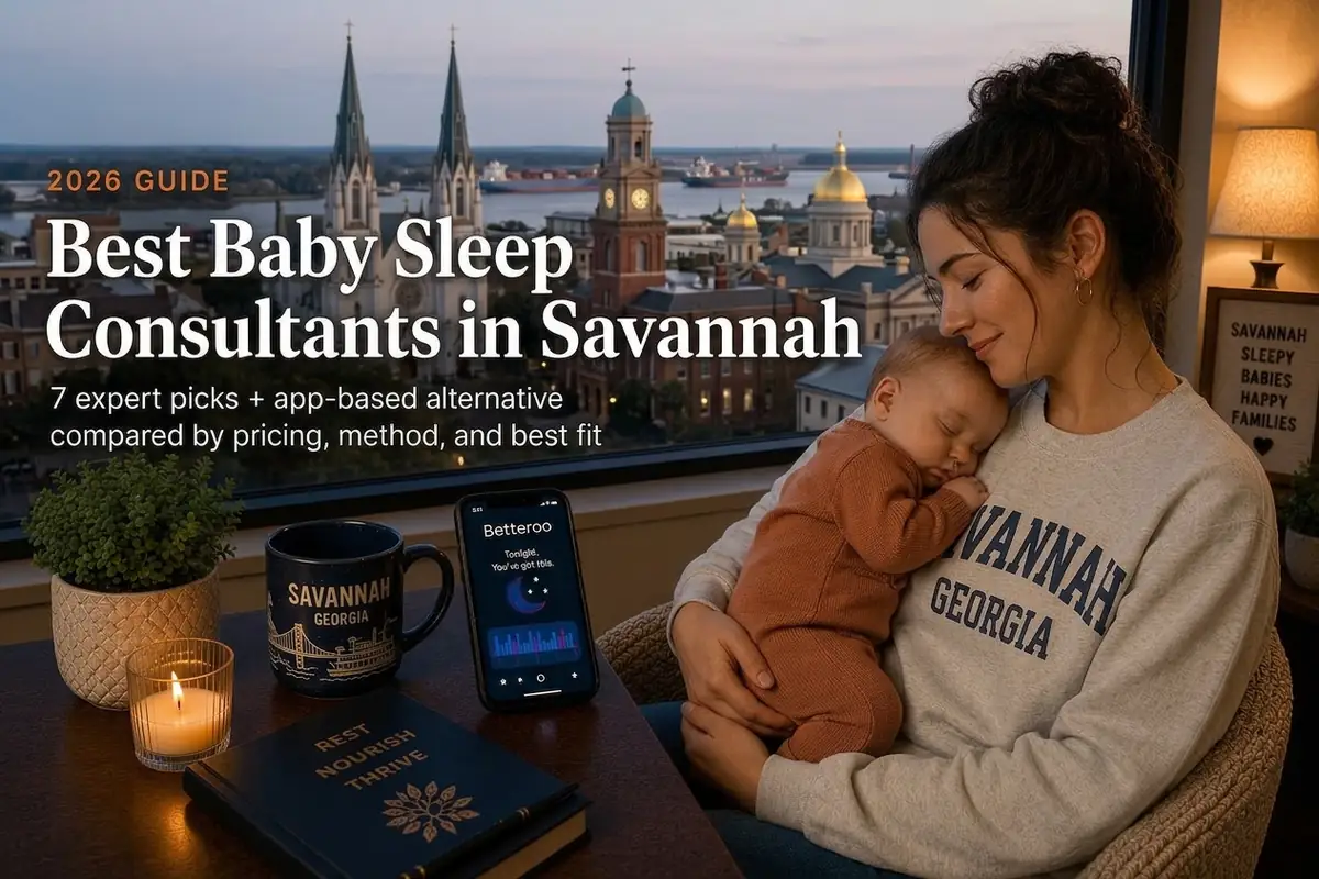Tired Savannah Georgia mother holding her sleeping baby by a window at dusk, researching the best baby sleep consultants in Savannah