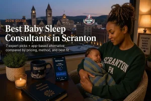 Mother holding a sleeping baby by a window at dusk, guide to the best baby sleep consultants in Scranton, Pennsylvania