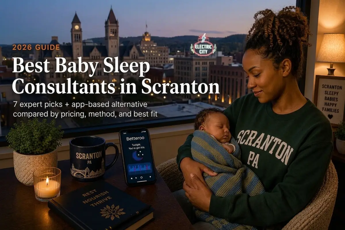 Top 6 Best Baby Sleep Consultants in Scranton Pa 2026 | Betteroo Mother holding a sleeping baby by a window at dusk, guide to the best baby sleep consultants in Scranton, Pennsylvania