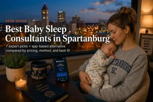 Spartanburg parent holding a sleeping baby by a window at dusk, our guide to baby sleep consultants in Spartanburg.