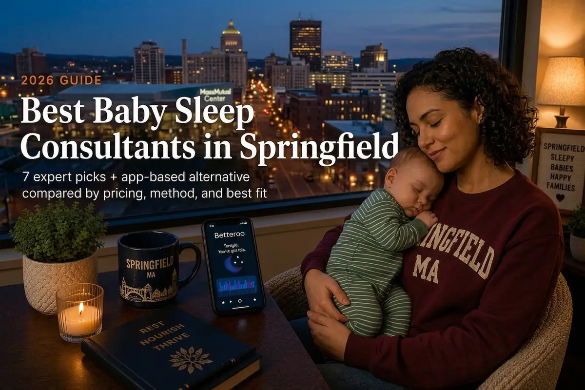 A mother cradling her sleeping baby by a window over the Springfield skyline at dusk, best baby sleep consultants in Springfield