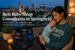 Bestbabysleepconsultantsspringfieldmo | Betteroo A tired mother cradles her sleeping baby by a window overlooking the downtown Springfield skyline at dusk, representing baby sleep consultants in Springfield.