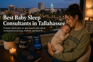 Mother holding a sleeping baby by a window over Tallahassee's capitol evening skyline, baby sleep consultants in Tallahassee.
