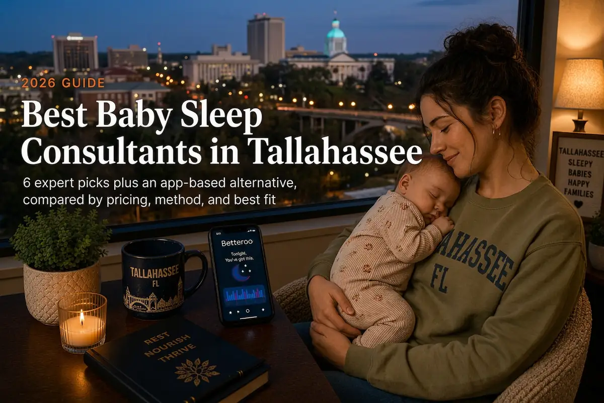 Mother holding a sleeping baby by a window over Tallahassee's capitol evening skyline, baby sleep consultants in Tallahassee.